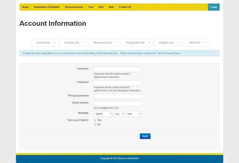 Civil Service Exam COMEX Website Account Information