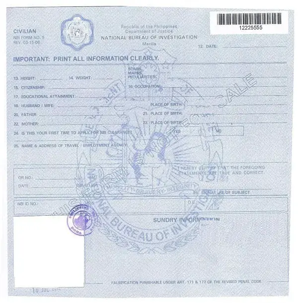 NBI Form No. 5