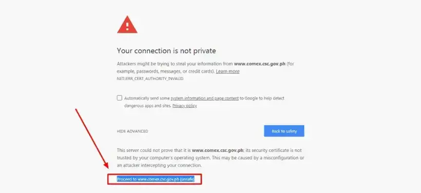 Privacy Error Page When Accessing COMEX