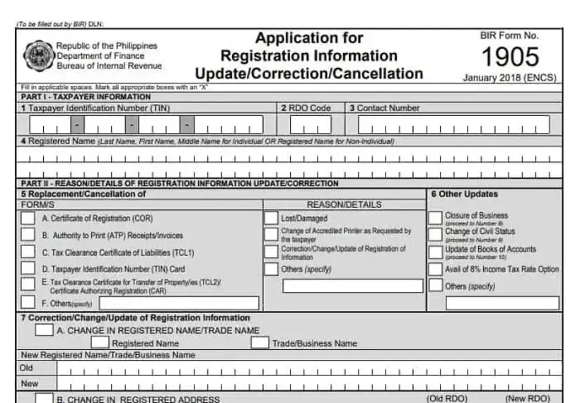 BIR Form 1905 Sample