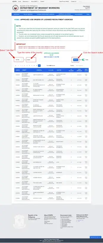 DMW Database List of Job Orders for Canada