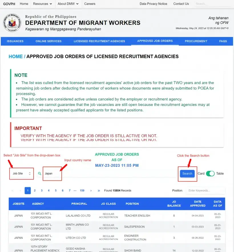 How to Serach for Japan Job Orders in the New DMW Job Orders Database