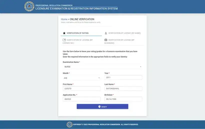 PRC Verification of Rating Form