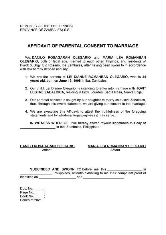 Affidavit of Parental Advice for Marriage